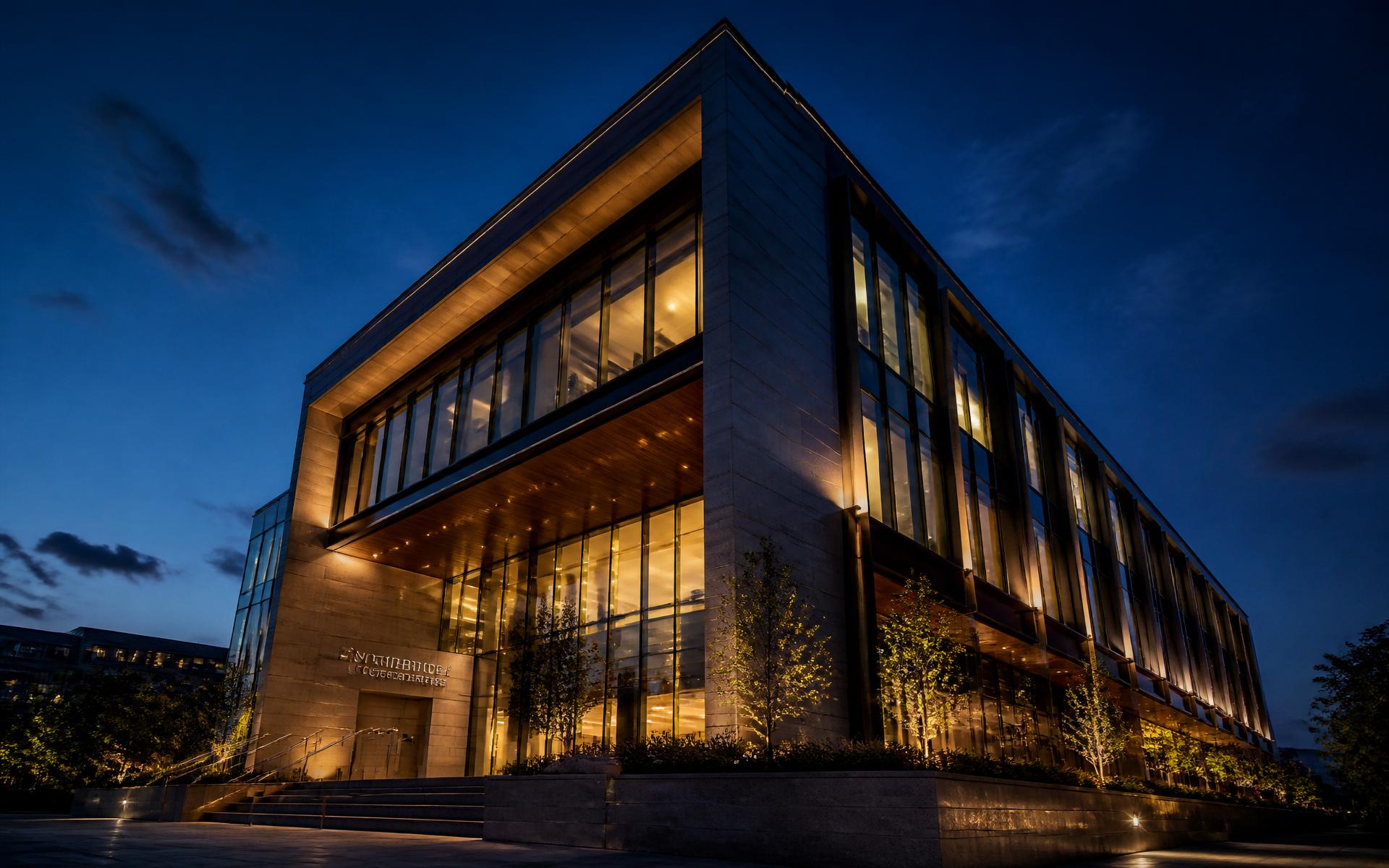 Modern commercial facility at dusk